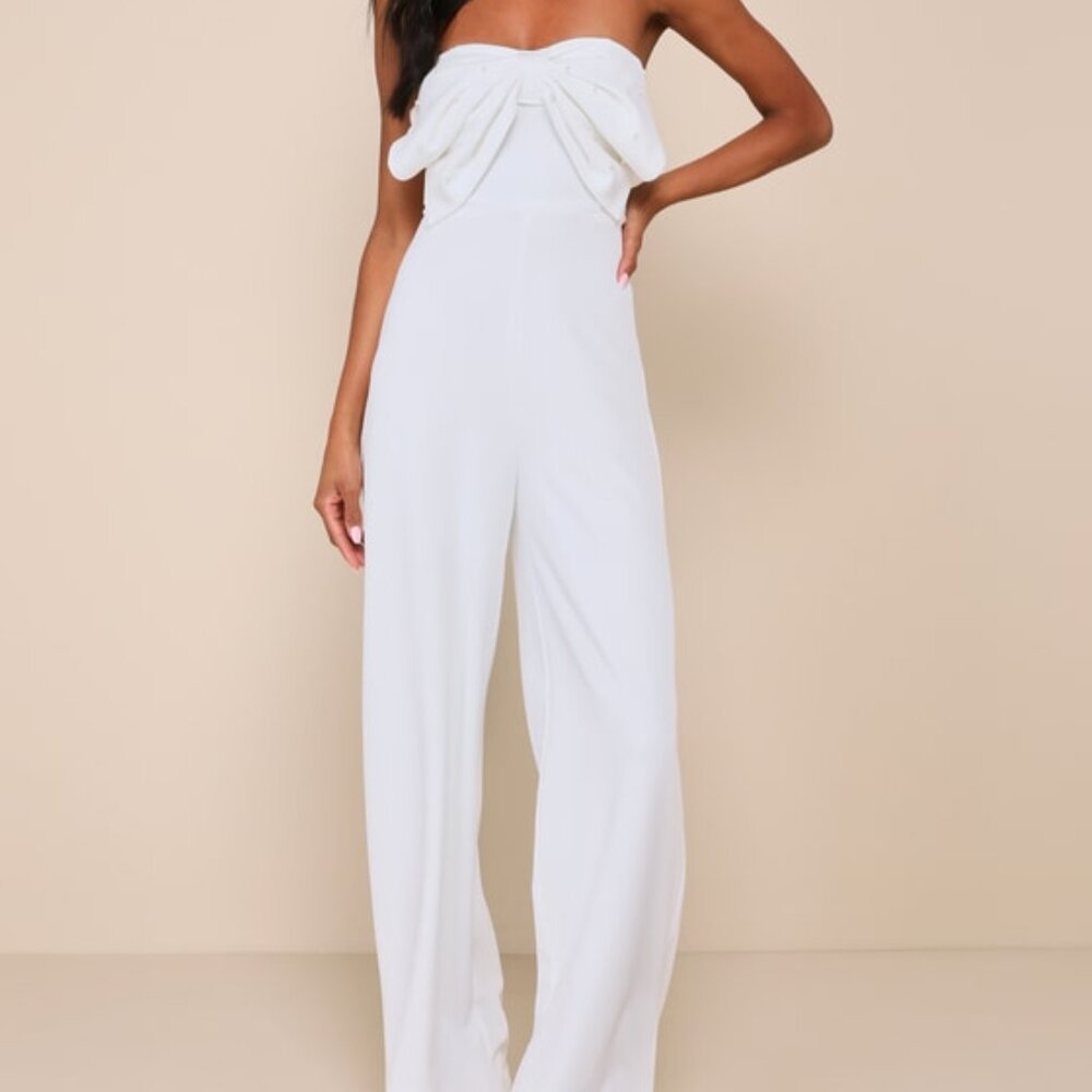 Lulus Gleaming Delight White Strapless Pearl Bow Wide-leg Jumpsuit - Size L